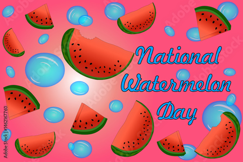 Saturated summer illustration featuring juicy watermelon slices and water bubbles on gradient pink background. Bite mark. National Watermelon Day inscription. For summertime, and celebration design.
