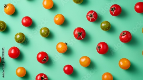 Colorful cherry tomatoes on aqua background playful fresh healthy organic produce arrangement top view
