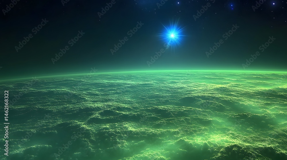 Fototapeta premium Alien planet landscape with a bright star.