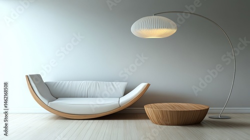 Minimalist interior with a curved sofa, pleated floor lamp, and modern wooden coffee table