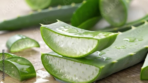 Fresh Aloe Vera Slices on Wooden Surface  