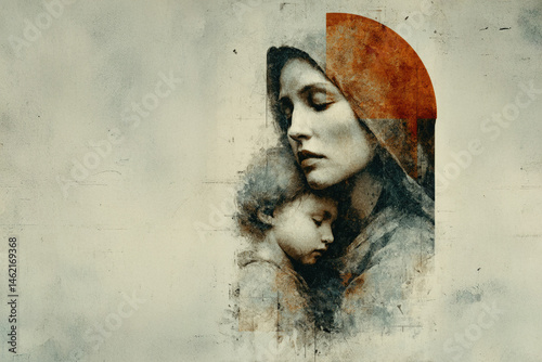 Gentle religious portrait of a mother with eyes closed, cradling her sleeping child.

