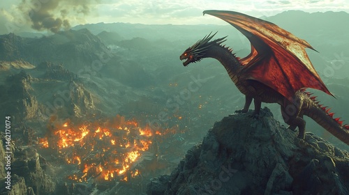 Fiery dragon perched top of a mountain looking down upon a burning city below cinematic epic fantasy