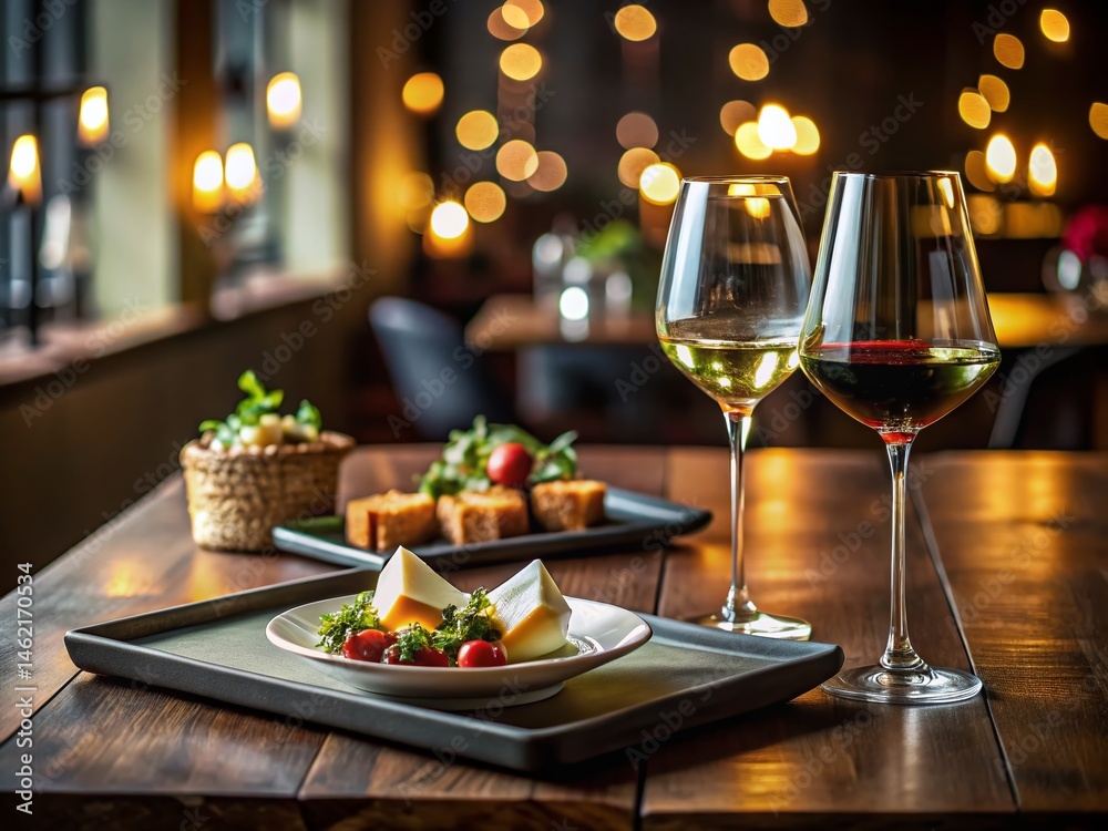 Elegant Wedding Reception Dinner: Minimalist Table Setting with Wine Glass and Appetizers Elegant Wedding Reception Dinner: Minimalist Table Setting with Wine Glass and Appetizers
