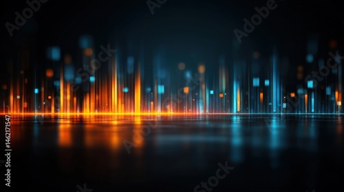 Abstract digital soundwave pattern with glowing orange and blue bars on a dark background, evoking technology and data visualization.