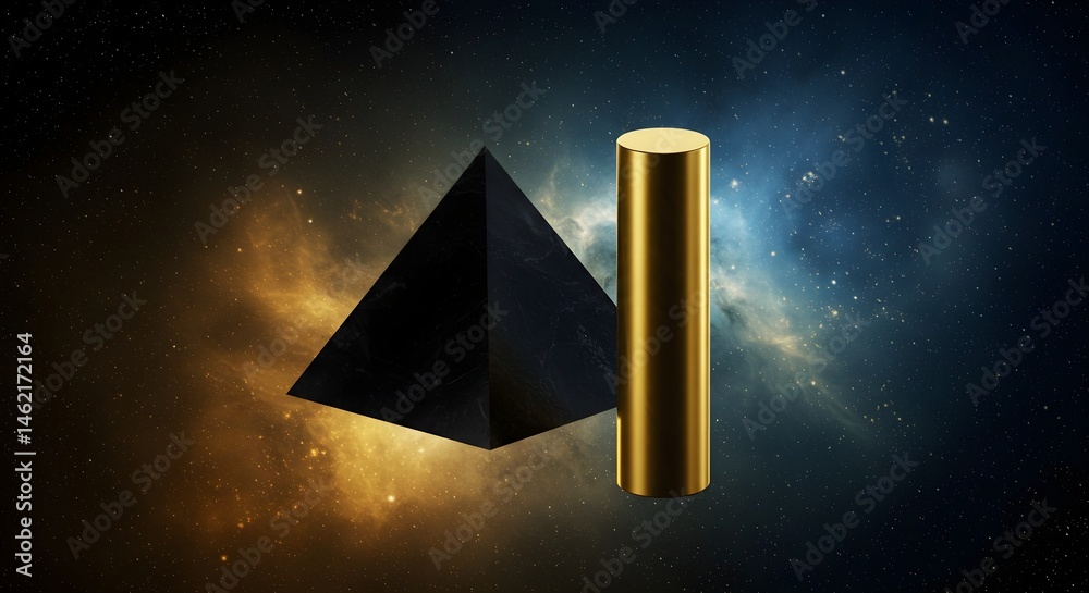 A black pyramid and gold cylinder float against a cosmic backdrop. Mysterious and elegant.