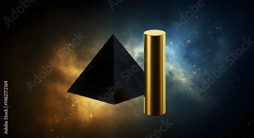 Obraz na płótnie A black pyramid and gold cylinder float against a cosmic backdrop. Mysterious and elegant. w salonie