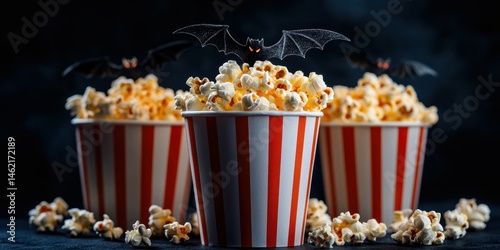 Spooky popcorn cups with decorative bats for Halloween movie night fun