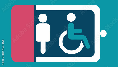 Restroom Accessibility An illustration of a restroom sign indicating accessibility with an accessible stall inside featuring grab bars and sufficient space for maneuvering.