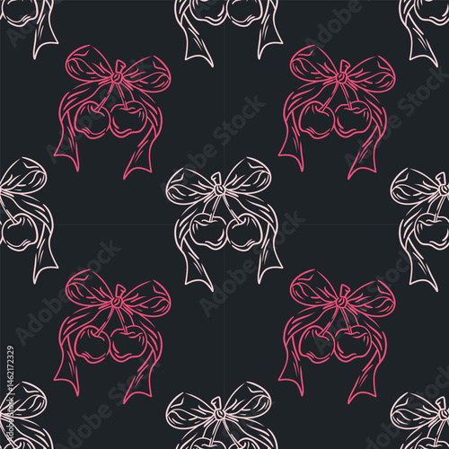 Pattern coquette cherry with bow. Doodle trendy girly berry. Line art illustration cherry on black background. For textiles, packaging, wallpapers, postcards or covers.