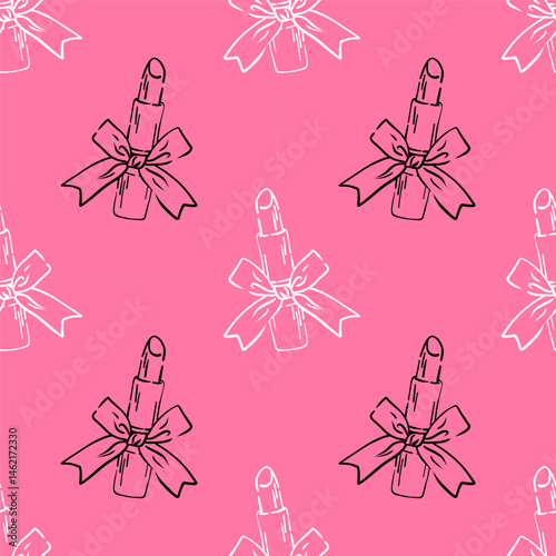 Pattern coquette girly lipstick. Line illustration cosmetic element on pink background. For textiles, packaging, wallpapers, postcards or covers.