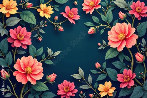 Continuous floral motif; swirling, intertwined blossoms, leaves, flowers, vines, texture