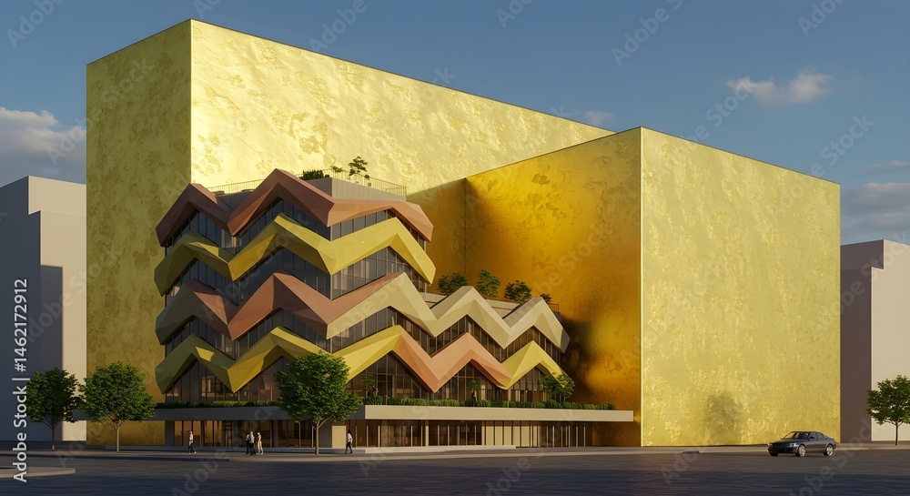 Modern building with a zig-zag facade and a large gold wall. The building features a mix of yellow, orange, and brown hues.
