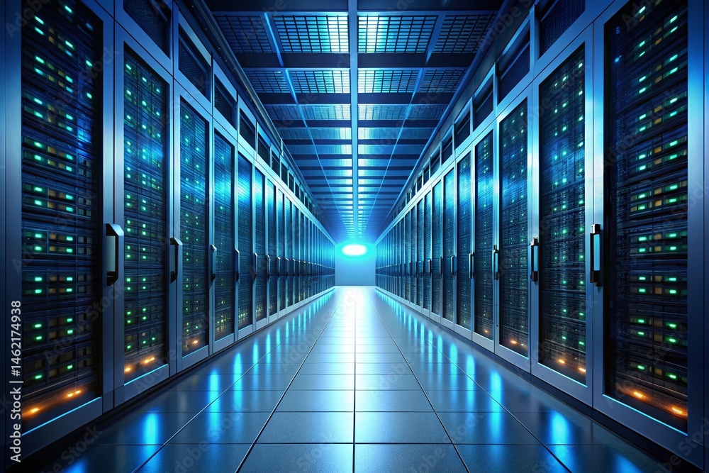 Fototapeta premium Endless Server Hallway: Dark Technology Infrastructure Stock Photo