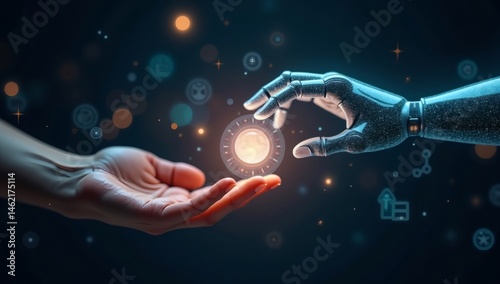 A close-up view of a human hand and a robot hand exchanging a glowing sphere, symbolizing the fusion of artificial intelligence and human innovation