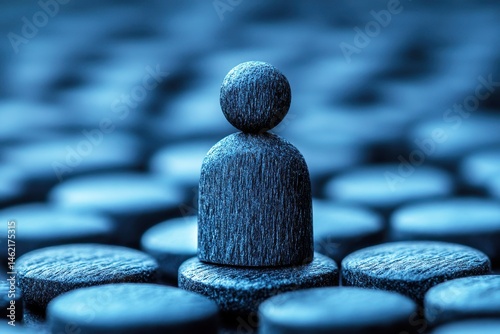 Abstract depiction of solitary figure surrounded by circular shapes on a blue backdrop, symbolizing individuality and presence in a vast space of uniformity