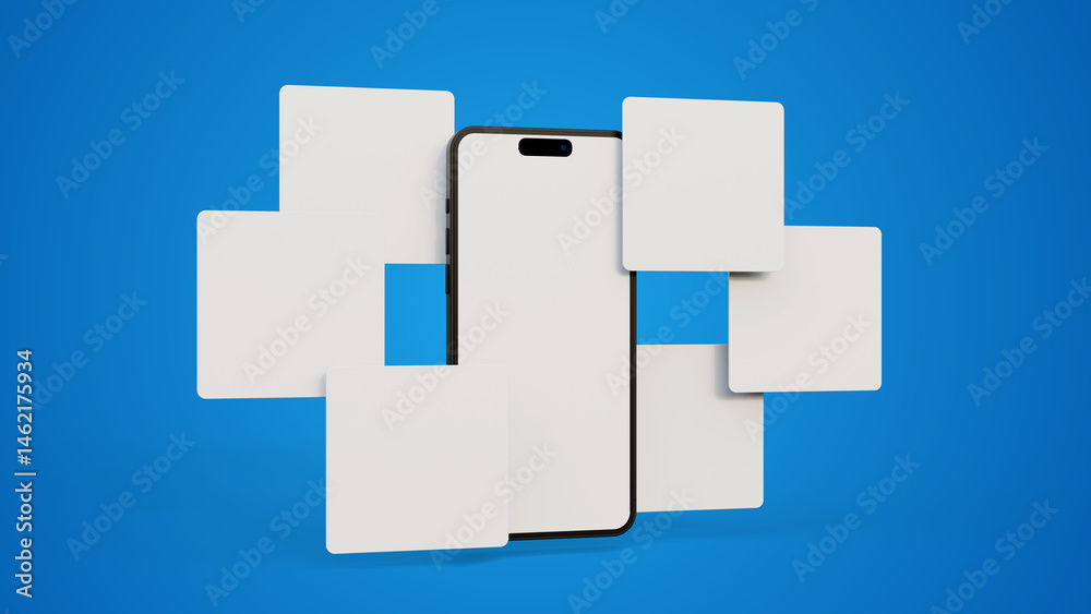 Social media posts with blank screen smartphone isolated on blue background. Mockup for creative design showcase. Blank template for showing your designs. Social media posts with blank screen smartphone isolated on blue background. Mockup for creative design showcase. Blank template for showing your designs.
