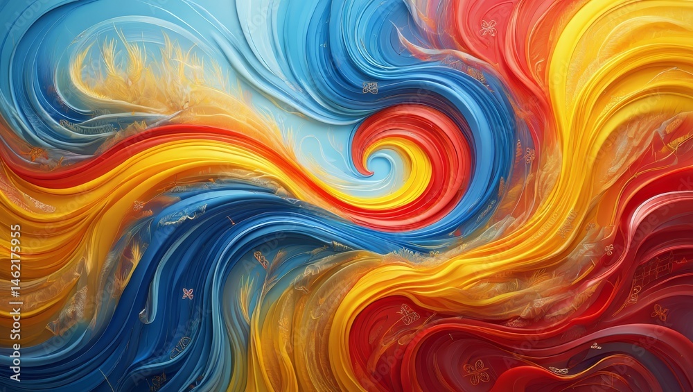 Fototapeta premium Abstract Moldova Independence Day background with flowing blue, yellow, and red tones, traditional embroidery patterns, and a peaceful celebratory atmosphere