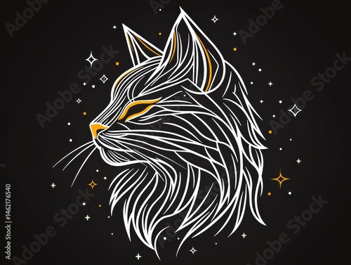 Abstract feline profile, stylized lines, cosmic accents