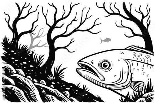 58 Surreal underwater scene, giant eel-like fish, twisted bare trees, monochrome illustration, detailed linework, intricate branches, underwater vegetation, rocky seabed, ethereal atmosphere, fantasy 