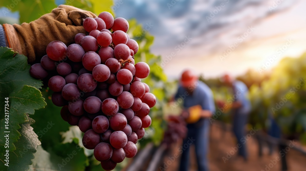 Vineyard harvest time with workers picking ripe grapes under a beautiful sunset sky
