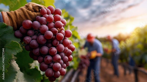 Obraz na płótnie Vineyard harvest time with workers picking ripe grapes under a beautiful sunset sky w salonie