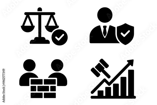 Vector illustration icons representing legal services, assurance, teamwork, and growth in business context