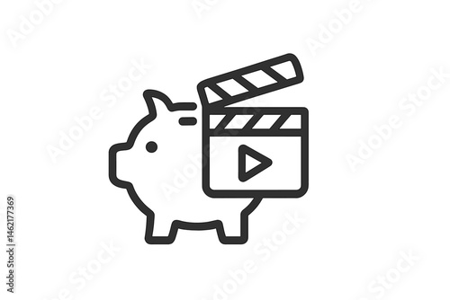 Piggy bank with film clapperboard representing budgeting for video projects in a creative workspace