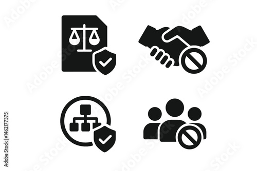 Legal compliance icons representing law, agreement, organizational structure, and community standards in vector illustration form