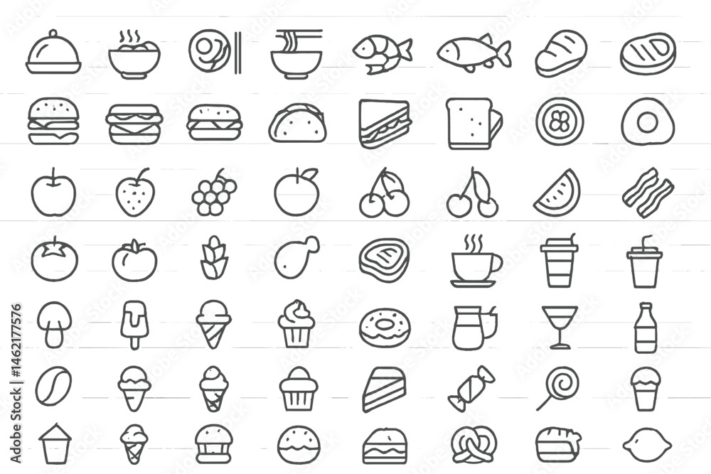 Collection of vector illustrations featuring various food icons in a minimalist style including fruits, desserts, and main dishes