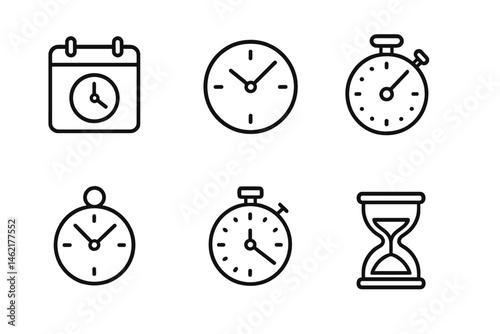 Icon collection of time-related symbols: clocks, hourglass, calendar, and stopwatches for time management