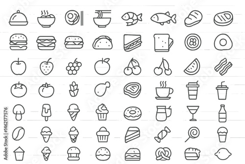 Collection of vector illustrations featuring various food icons in a minimalist style including fruits, desserts, and main dishes