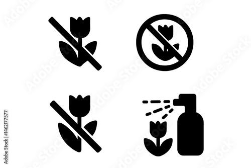 Vector illustration icons depicting no flower signs and flower care instructions for gardeners and plant lovers