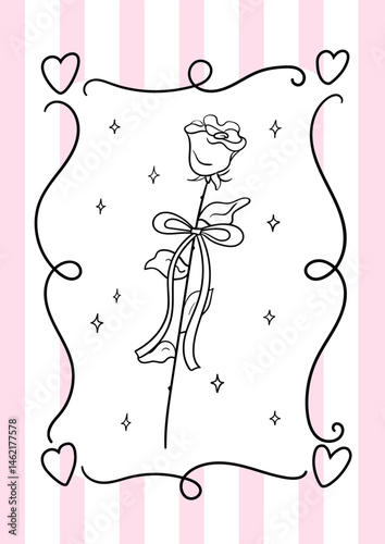 Vintage greeting card with hand drawn rose branch, bow and whimsical frame on striped background. Elegant vector line floral illustration for valentine's day, birthday, wedding, etc.