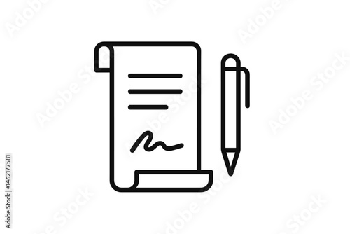 Vector illustration of a rolled document and pen depicting signing or writing activity in a formal setting