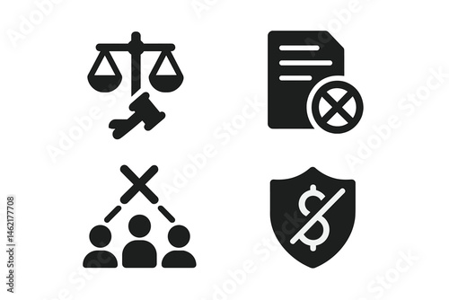 Justice system icons representing legal issues, disputes, and protection against corruption in a modern society