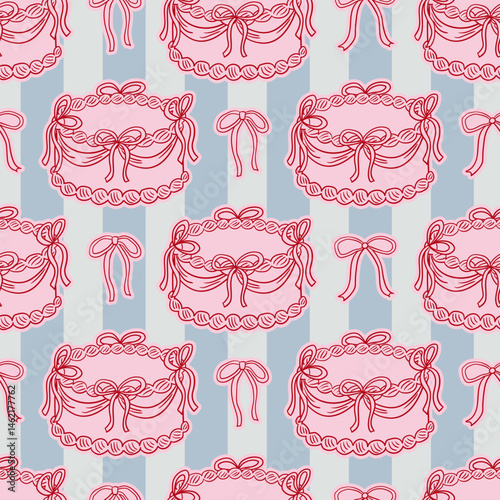 Vintage seamless pattern with elegant cakes and bows on striped background. Elegant vector illustration in coquette aesthetic