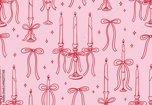 Elegant vintage seamless pattern with hand drawn candelabras and candles with bows. Outline vector background for holiday, wedding, birthday, etc.