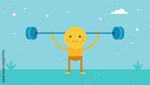 Heroic Pose An adorable miniature human poses heroically beneath a gigantic barbell bent slightly at the knees and flexing their arms as they lift it overhead with ease. The