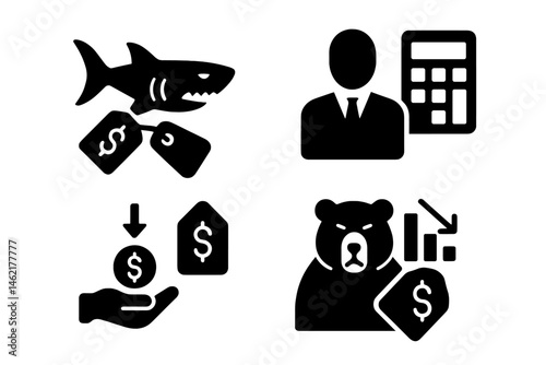 Vector illustration icons depicting business concepts related to finance, investment risks, and market analysis in a simplified format