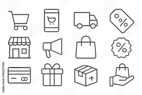 Vector illustration icon collection depicting shopping, delivery, and promotional activities for e-commerce