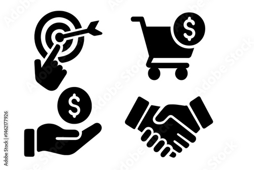 Vector illustration of various business icons depicting transactions, shopping, and partnerships in black and white