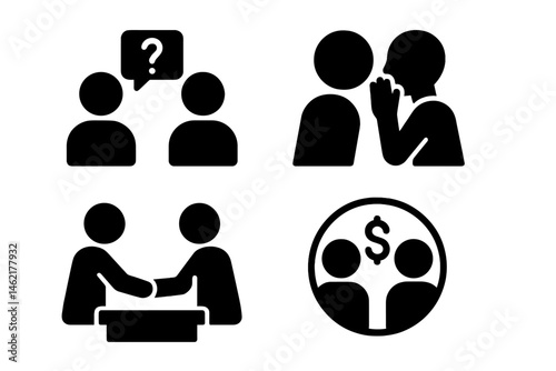 Vector illustration icons depicting communication, negotiation, and collaboration among individuals in a business context