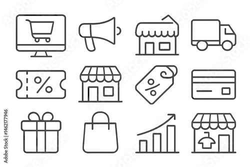 E-commerce vector icons representing shopping, promotions, and business activities in a modern digital context