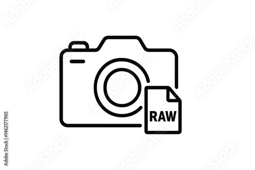Vector illustration icon of a camera with raw file symbol representing digital photography and editing