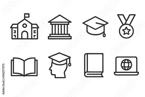 Vector illustration of educational symbols including school building, graduation cap, and books representing academia