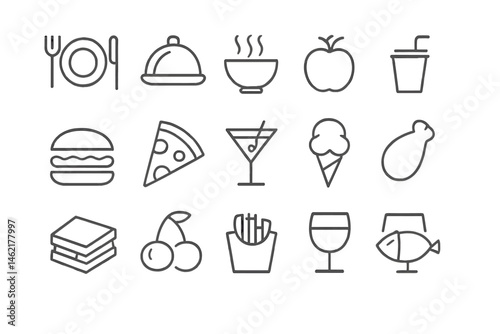 Diverse collection of vector food and drink icons suitable for various culinary themes and applications in design