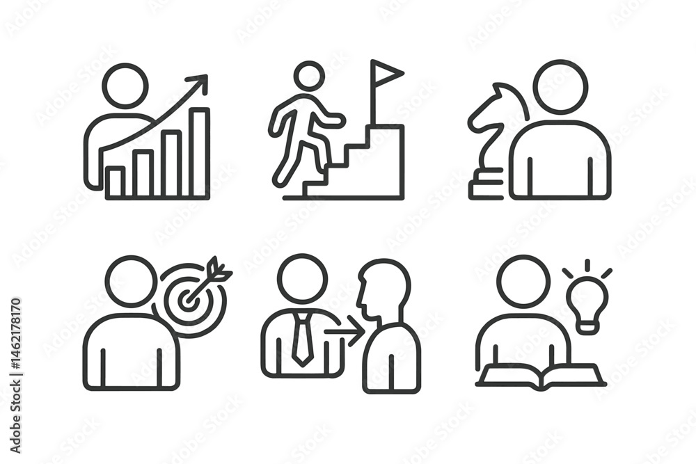 Vector illustration icons representing success, growth, and professional development in a minimalistic style Vector illustration icons representing success, growth, and professional development in a minimalistic style