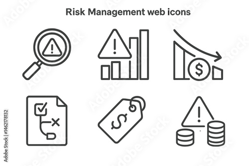 Vector illustration of risk management web icons including graphs, charts, and alerts for financial analysis and planning