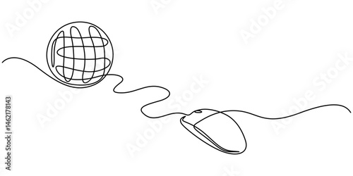 Computer mouse connected to the planet Earth, global communication icon neon glow vector illustration concept, Continuous one single line drawing Computer mouse connected to a globe icon  pro vector. 